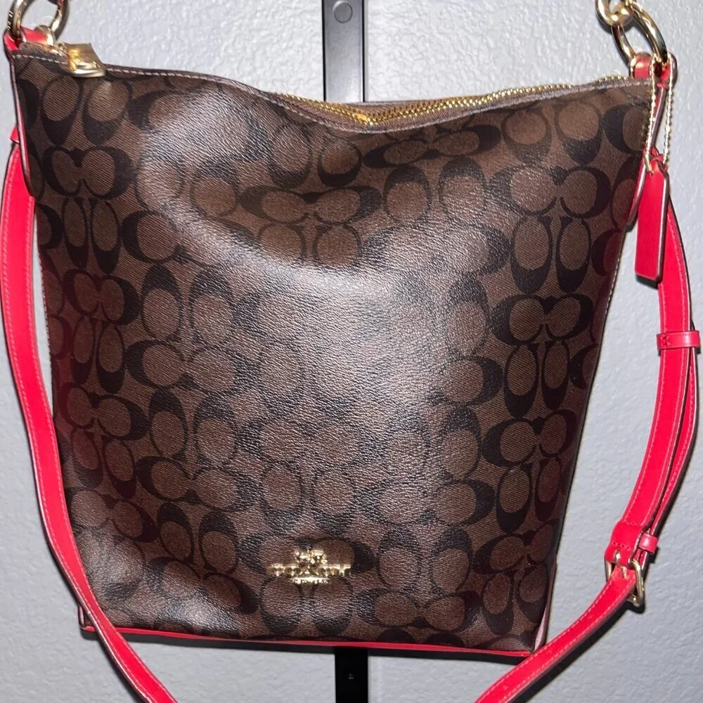 COACH ABBY DUFFLE SHOULDER & CROSSBODY STRAP BROWN SIGNATURE & RED NWOT 12